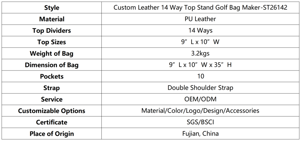 Custom Leather 14 Way Top Stand Golf Bag Maker dimension