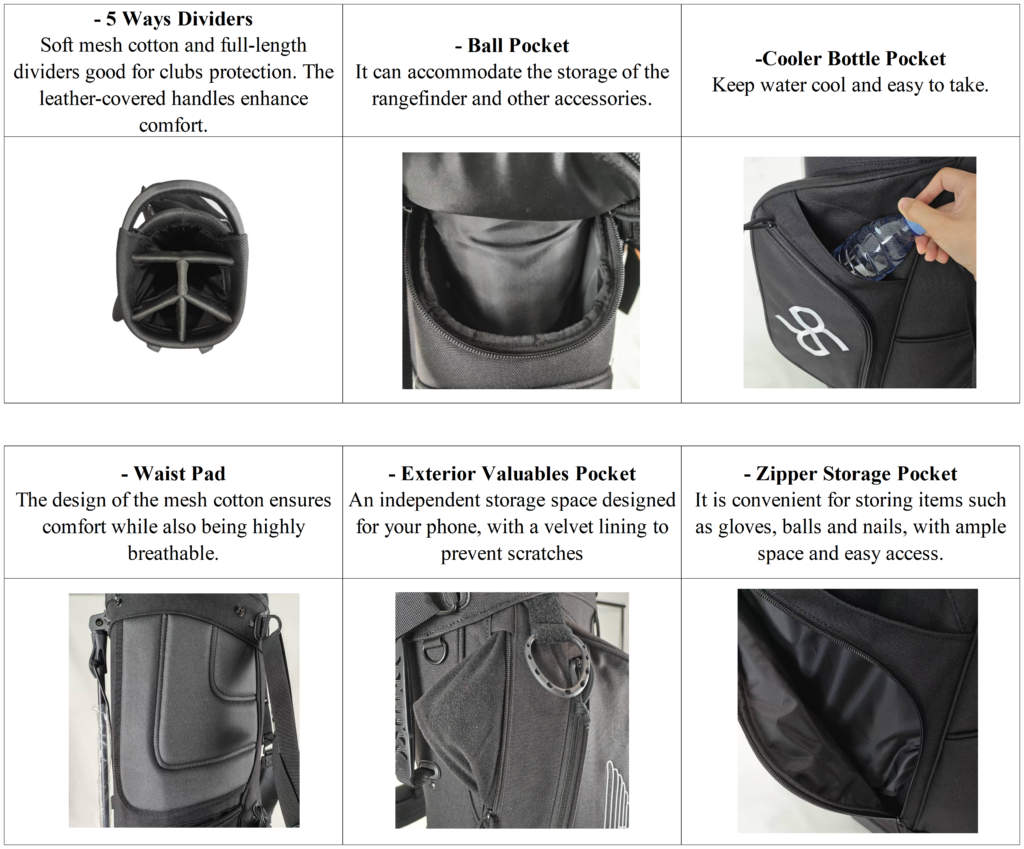 Custom Printed Logo Black Nylon Stand Golf Bag Factory details