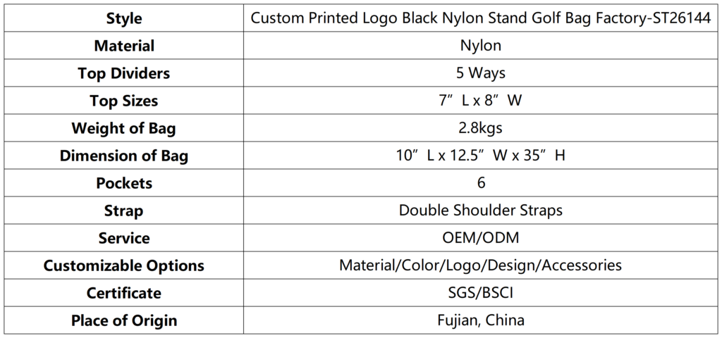 Custom Printed Logo Black Nylon Stand Golf Bag Factory dimension