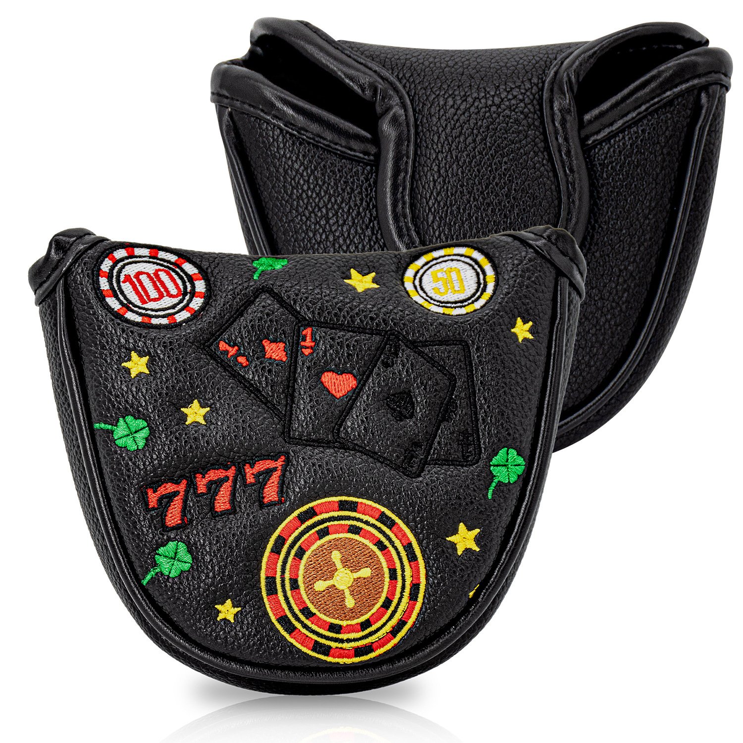 Poker Embroidery Mallet Putter Golf Headcover Supplier 2 Poker Embroidered Leather Mallet Putter Cover