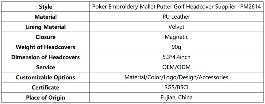 Poker Embroidery Mallet Putter Golf Headcover Supplier 6 Poker Embroidery Mallet Putter Golf Headcover Supplier dimension