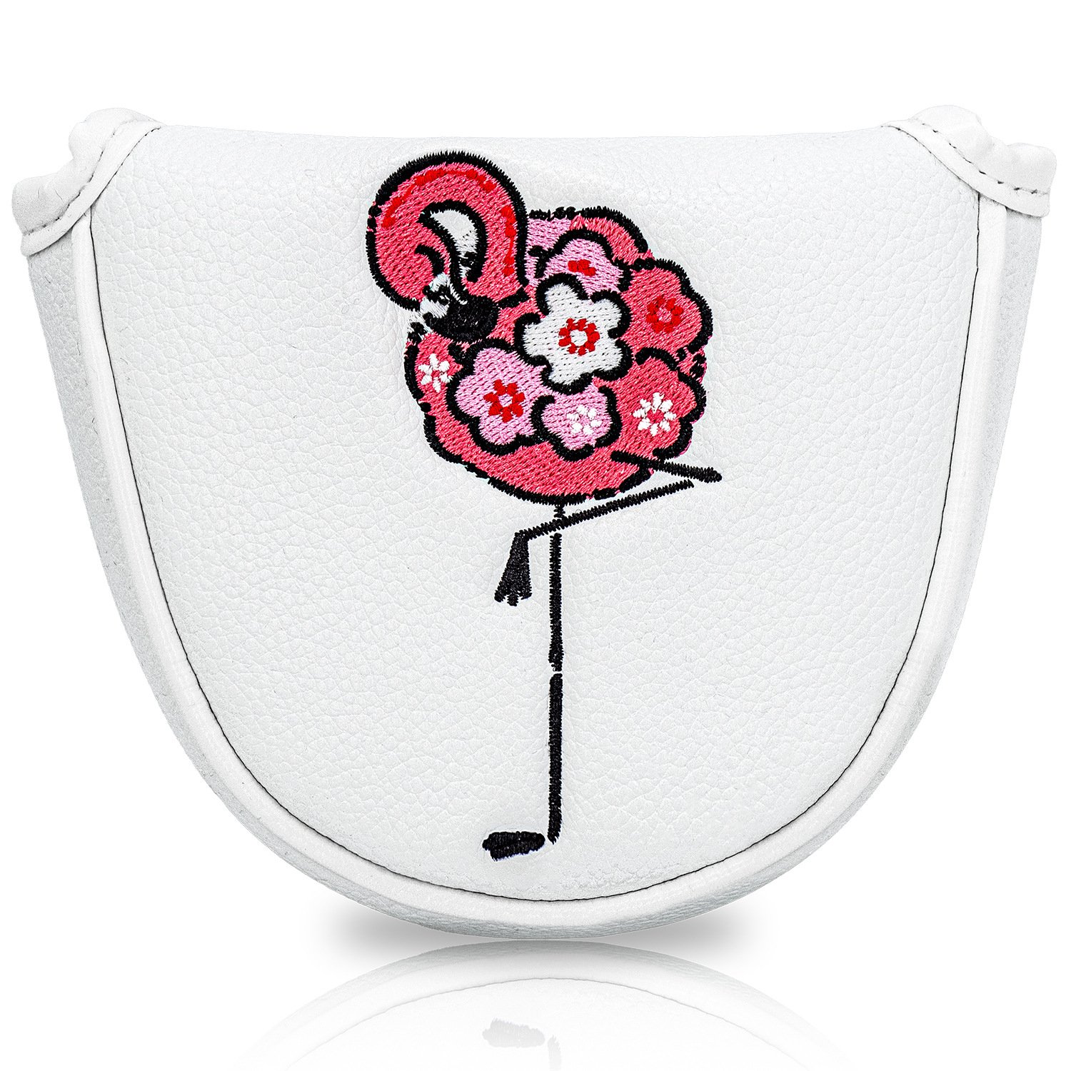 Custom Embroidery Mallet Putter Golf Headcover Factory 2 White Leather Mallet Putter Cover With Flamingo Embroidery