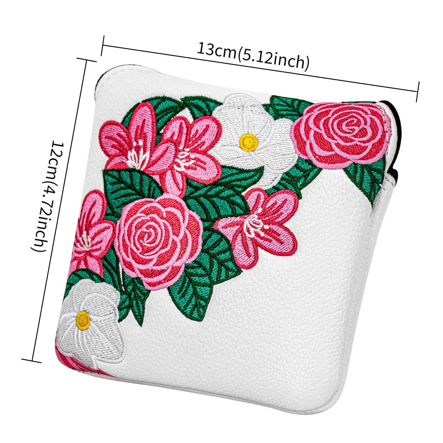 Peony Embroidery Mallet Putter Golf Headcover Supplier 5 White Leather Mallet Putter Cover With Peony Embroidery