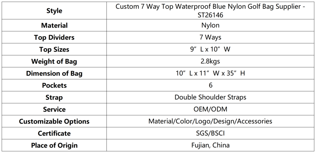 Custom 7 Way Top Waterproof Blue Nylon Golf Bag Supplier 7 Custom 7 Way Top Waterproof Blue Nylon Golf Bag Supplier dimension