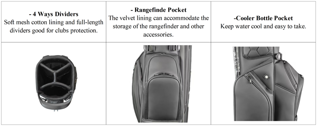 Custom Black Leather 4 Way Top Stand Golf Bag Factory 8 Custom Black Leather 4 Way Top Stand Golf Bag Factory details