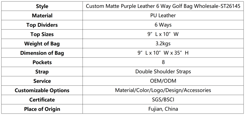 Custom Matte Purple Leather 6 Way Golf Bag Wholesale dimension