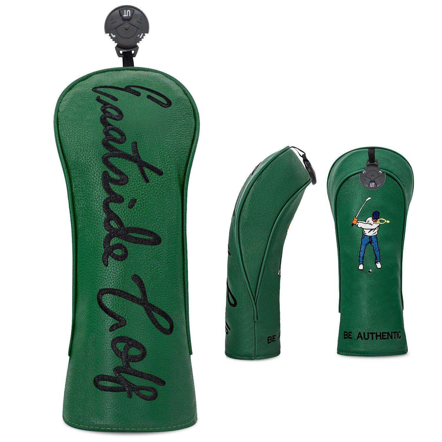 Green Leather 3D Embroidery Wood Golf Headcover Factory 5 Durable 3D Embroidered Wood Headcover With Velvet Lining