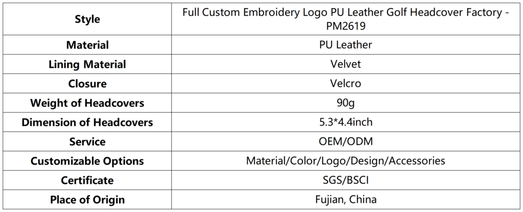 Full Custom Embroidery logo PU leather Golf Headcover Factory 6 Full Custom Embroidery logo PU leather Golf Headcover Factory dimension