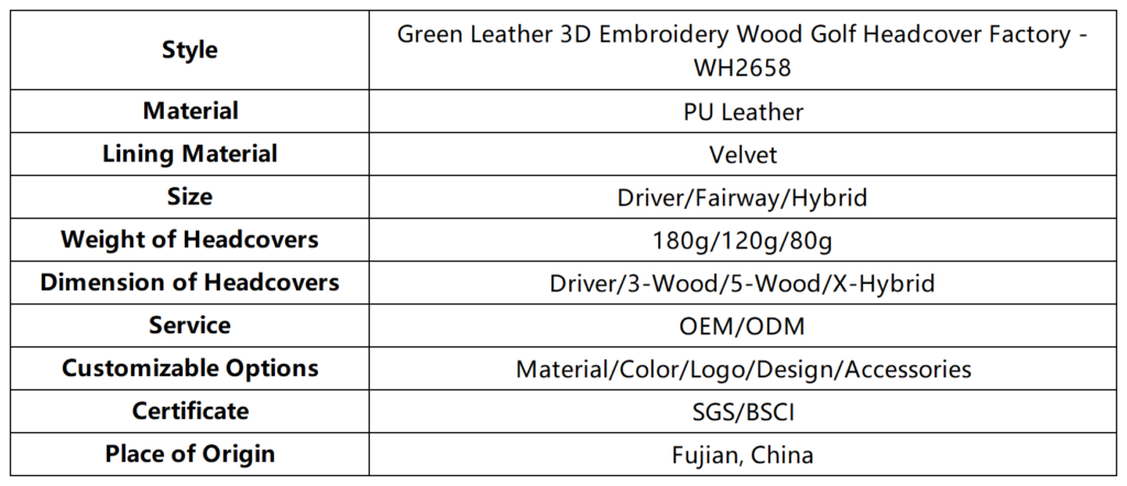 Green Leather 3D Embroidery Wood Golf Headcover Factory 6 Green Leather 3D Embroidery Wood Golf Headcover Factory dimension