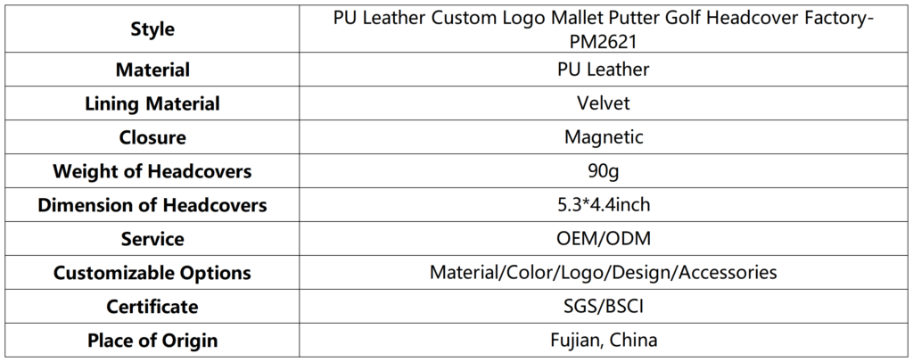 PU Leather Custom Logo Mallet Putter Golf Headcover Factory 6 PU Leather Custom Logo Mallet Putter Golf Headcover Factory dimension
