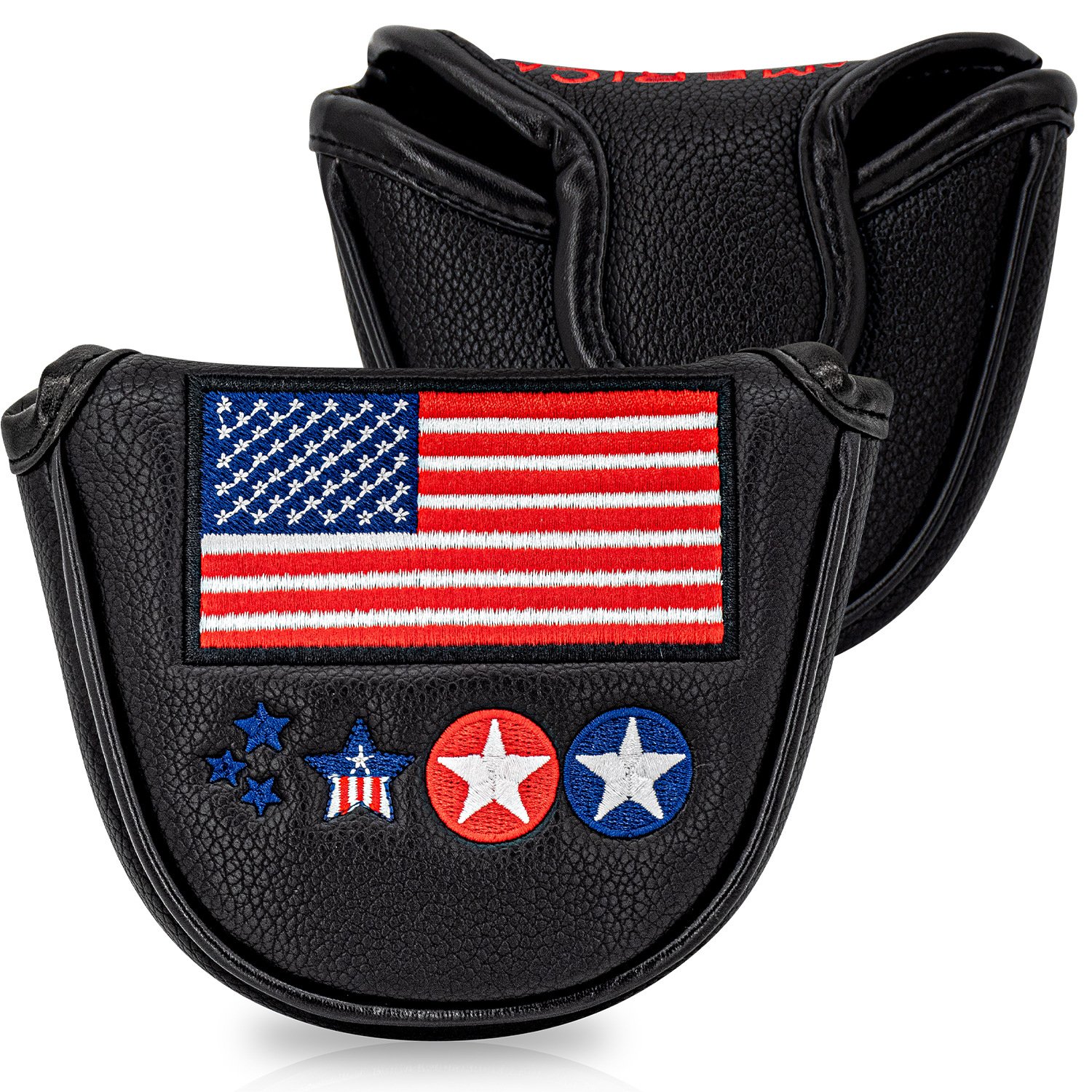 Full Custom Embroidery logo PU leather Golf Headcover Factory 4 White PU Leather Mallet Putter Cover With American Flag Embroidery